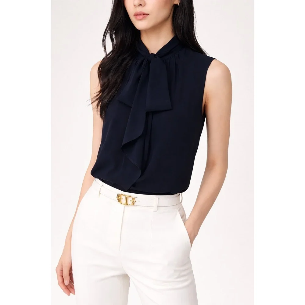 Tory Burch Sleeveless Bow Blouse Top Navy Blue Women's Size 12 NWT‎ Tie-Neck